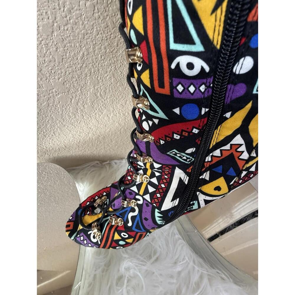 Red Kiss Women’s Thigh High Sz 7 Stiletto Boots Peep Toe Abstract Art To Wear - Picture 4 of 9